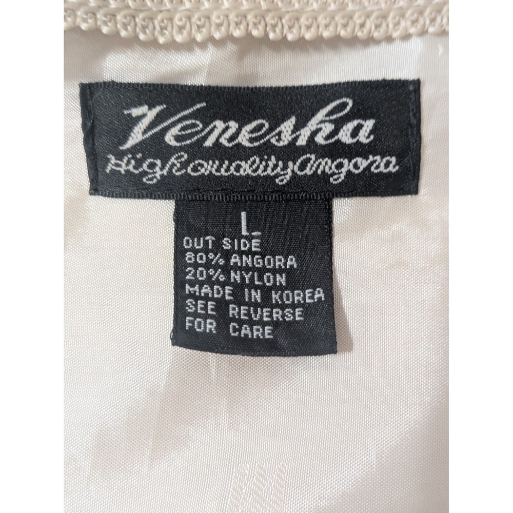 Vtg Venesha Angora Sweater Cardigan Large Pale Pink Fuzzy Pearl Beaded Preppy - Picture 2 of 15